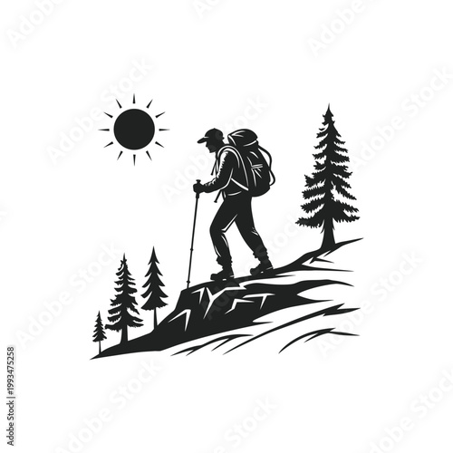 Hiker standing on mountain summit with backpack and trekking poles isolated on white background adventure theme