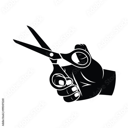 A black and white illustration of a hand firmly gripping scissors