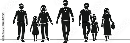 Group of diverse people walking together in silhouette.