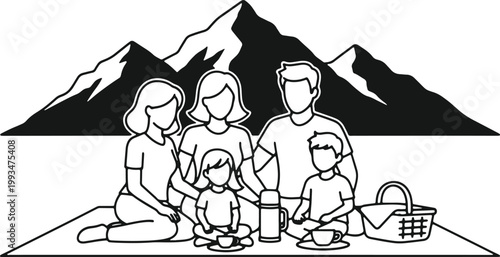 Family enjoying picnic with mountains in background.