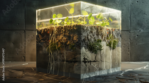 Illuminated transparent cube with plants and roots in modern eco style warm green tones symbol of natural regeneration