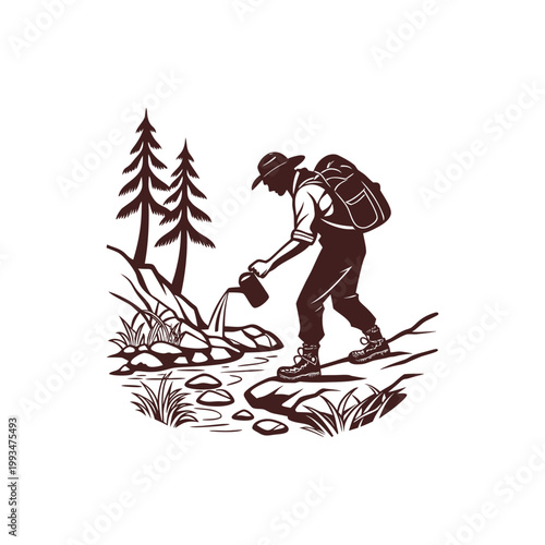 Hiker pouring water from a bottle in a forest setting isolated on white background outdoor lifestyle