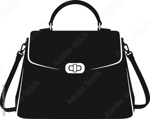 Black handbag with shoulder strap and buckle on gray checkered background vector illustration.