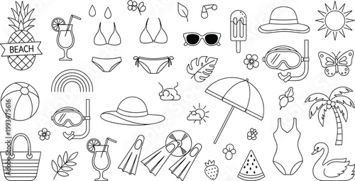 Black outline summer beach vacation doodle collection featuring bikini pineapple umbrella sunglasses snorkel palm tree and swimsuit vector illustration set