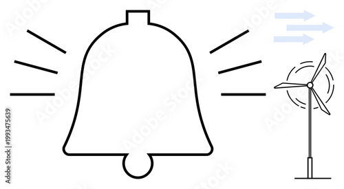 Renewable energy, sustainability, alert systems, environmental awareness, wind power, clean energy. Graphic features a ringing bell alongside a wind turbine and motion arrows. Renewable energy