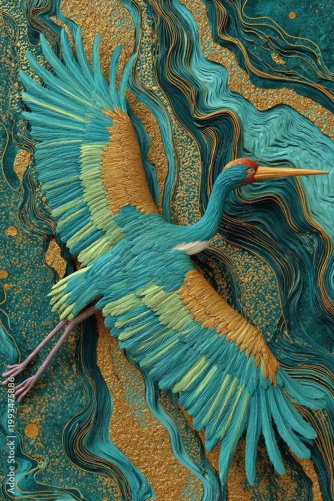 Obraz premium Sculptural Crane against a background of gold and turquoise swirls. Turquoise velvet background. Luxurious 3D sculptural relief