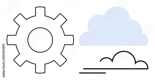 Cloud computing, technology, digital innovation, data storage, IT infrastructure, system optimization. Gear next to minimal cloud graphic. Cloud computing and technology concepts emphasizing
