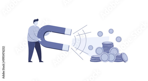 Businessman Holding Magnet Attracting Coins and Dollar Bills Illustration