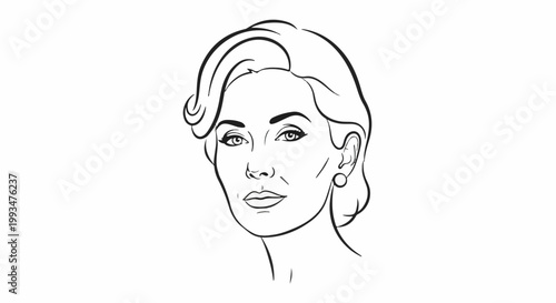 Line art sketch of a woman's face with styled hair and a pearl earring