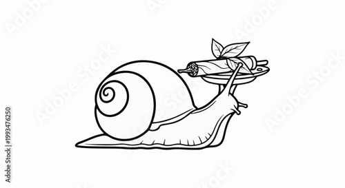 Line art of a snail carrying a rolled leaf with three smaller leaves on a platter