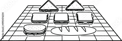 Collection of sandwiches and bread on checkered board, simple line art.