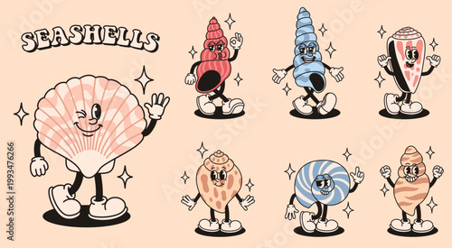 Seashell mascot characters in a groovy style. Perfect for stickers, children's designs, social media, and creative branding projects.