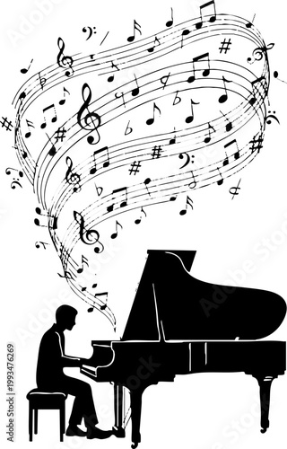 Silhouette of a Man Playing Grand Piano with Swirling Musical Notes