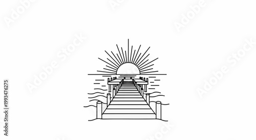 Linear illustration of a pier leading to a stylized sunrise over water