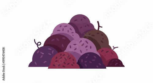 Pile of round, textured, dark purple and pinkish-purple fruits with thin stems
