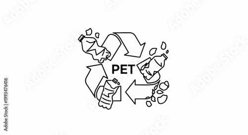 Recycling symbol with crushed bottles and PET text