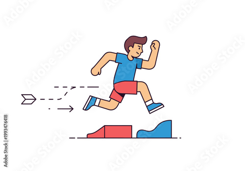 Boy jumps over obstacle while running to chase goals on clean white background