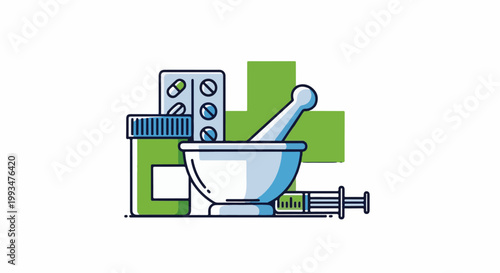A mortar, pestle, pills, and syringe are arranged in front of a green cross