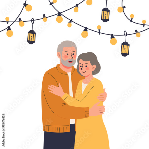 Elderly couple embracing under string lights in a warm atmosphere. Elderly set   