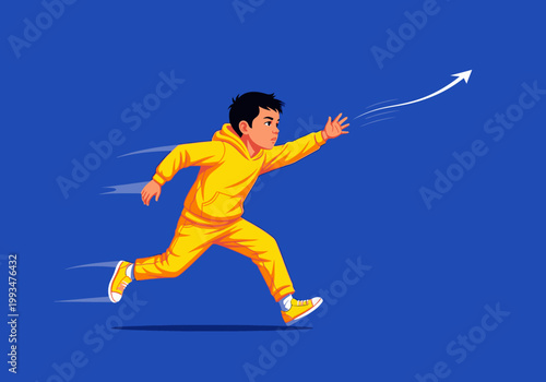 A boy runs forward with outstretched hand, ambition concept on solid color