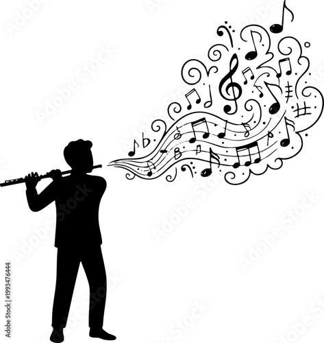 Silhouette of Man Playing Flute with Creative Musical Notes