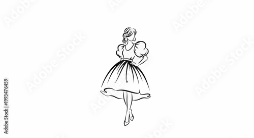 Sketch of a woman in a stylish dress with puffed sleeves and full skirt