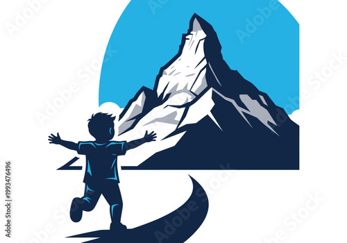 A boy runs towards a mountain peak with enthusiasm and determination in a scenic landscape.