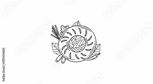 A circular food item with spices and herbs, line art