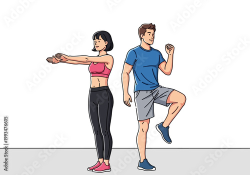 Couple doing a basic warm-up routine together in a flat illustration style.