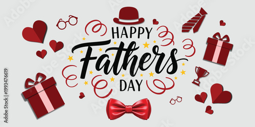 Happy fathers day greeting with gifts, hearts and decorations in red.