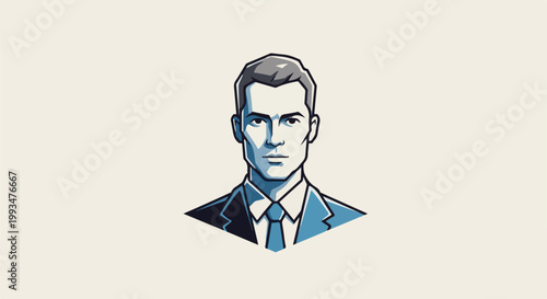 Stylized portrait of a man in a suit, rendered in blues and grays