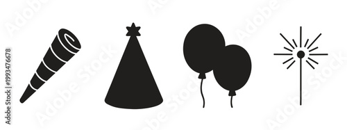 Party Elements Illustration with Balloons, Hat, Horn and Sparkler, 2027 New Year Celebration Illustration Pack, Flat People Characters with Party Elements and Holiday Icons, vector illustration.