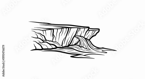 Stylized waterfall plunging over layered rocks into water