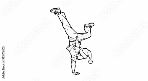 A person in a hat performs a handstand with legs bent