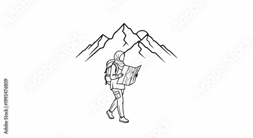 A person in hijab with a backpack consults a map in front of jagged mountains