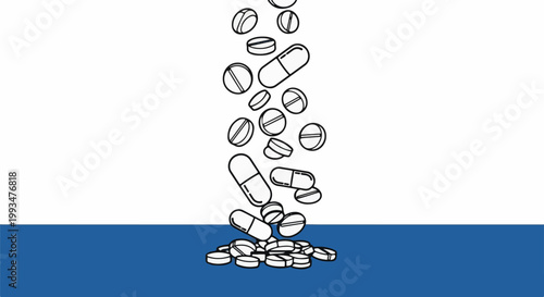Various pills and capsules fall onto a blue surface