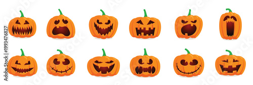 Halloween monster jack lantern orange pumpkin carved glowing scary face set on white background. Holiday cartoon character collection for celebration design. Vector illustration.