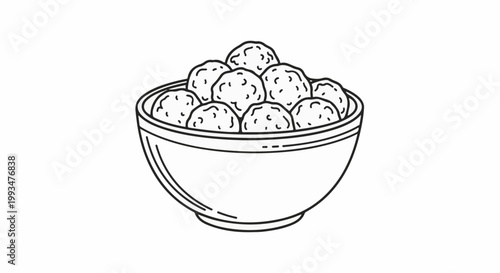 A simple line drawing of a bowl filled with round, textured food items