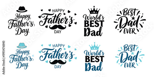 Set of fathers day lettering designs with mustache and hat icons in black and blue colors.