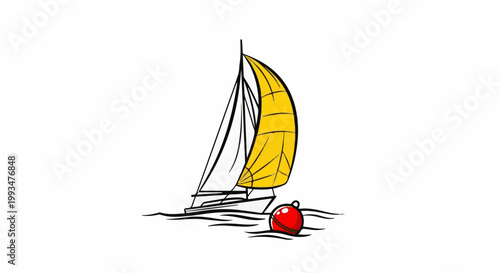 A sailboat with a yellow sail glides on wavy water near a red buoy
