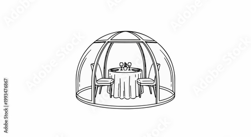 Two chairs flank a round table set for dining under a clear geodesic dome structure