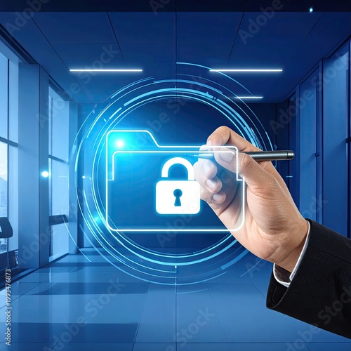 Businessman Interacting with Digital Security Folder Icon.