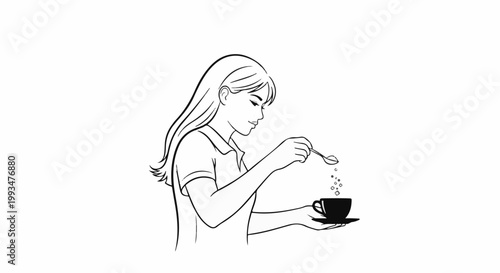 Young woman adds sugar to her cup of coffee with a spoon
