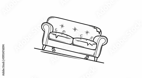 A sketch of a worn-out sofa with detached springs, leaning slightly forward