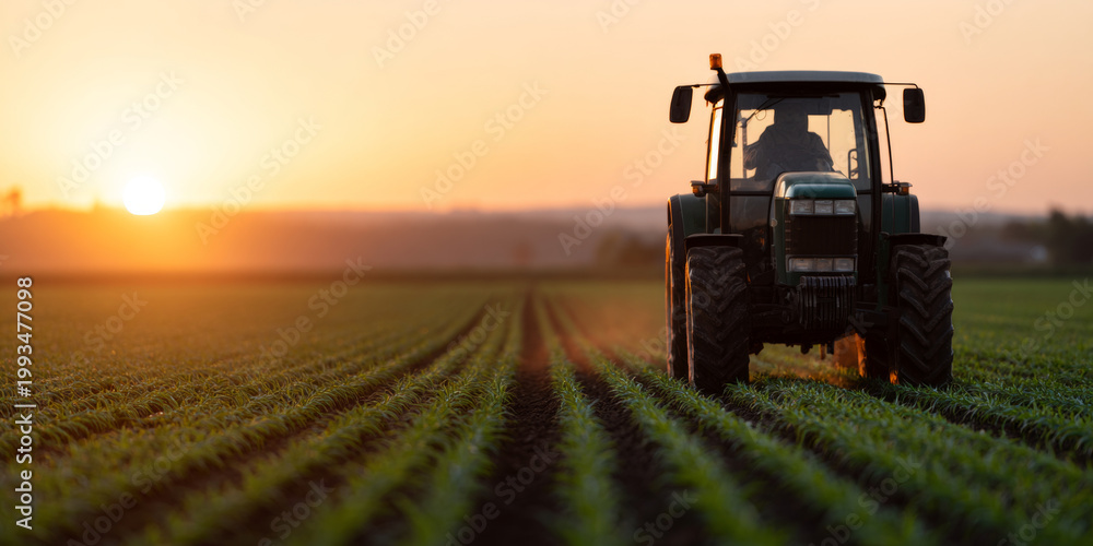 Obraz premium Tractor working on farm field at sunset