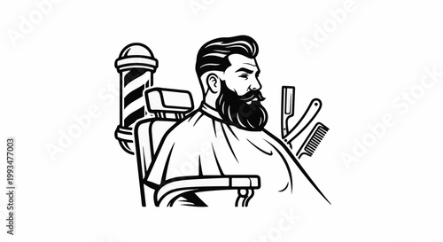 Stylized man with beard in barber chair with tools and pole