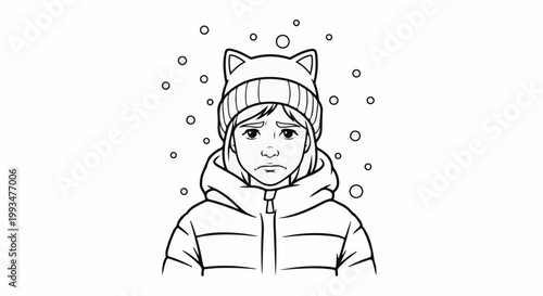 A young person in a winter hat and jacket looks sad as snow falls around them