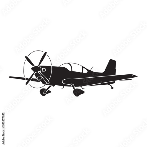 Silhouette of propeller airplane isolated on white background 