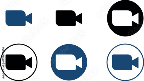 Collection of six distinct video camera icons in different styles and colors