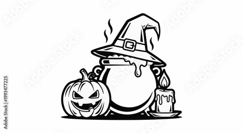A black and white illustration of a witch's cauldron with a hat, pumpkin, and candle